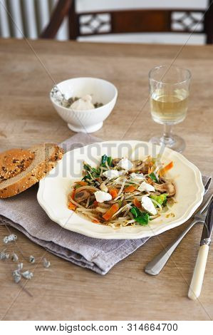 Mixed Vegetable Stir Fry With Mushrooms And Cottage Cheese. Tender Mushroom Stir Fry Served In A Whi