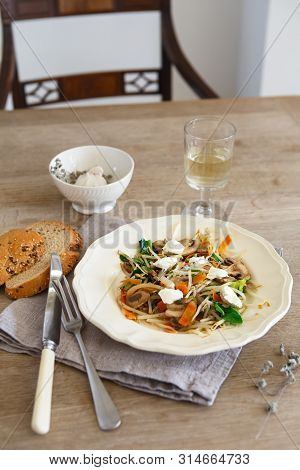 Mixed Vegetable Stir Fry With Mushrooms And Cottage Cream Cheese. Tender Mushroom Stir Fry Served In