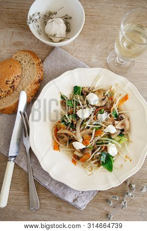 Mixed Vegetable Stir Fry With Mushrooms And Cottage Cream Cheese. Tender Mushroom Stir Fry Served In