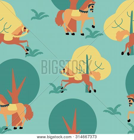 Horses And Trees, In A Seamless Pattern Design