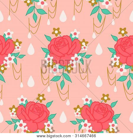 Rose Composition On A Pink Background, In A Seamless Pattern Design