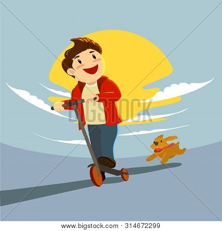 Boy Wearing Jeans And Red Jacket Playing Scooter In A Sunset Background With Spanial Cocker Dog Chas