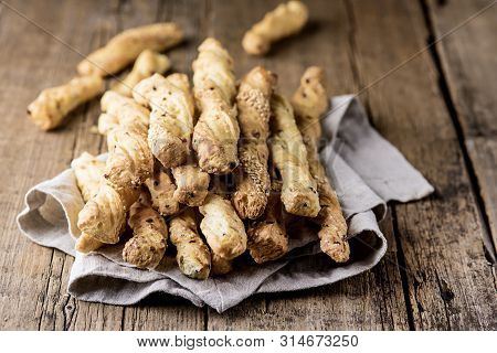 Homemade Cheese Bread Sticks On A Wooden Background Tasty Bread Stick Horizontal Grissini