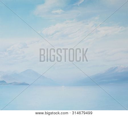 Oil painting of lake Garda, Desenzano del Garda, Italy. Amazing landscape in fog with water, sky and mountains. Panorama of gorgeous Lake Garda surrounded by mountains. Heaven on Earth, oil on canvas
