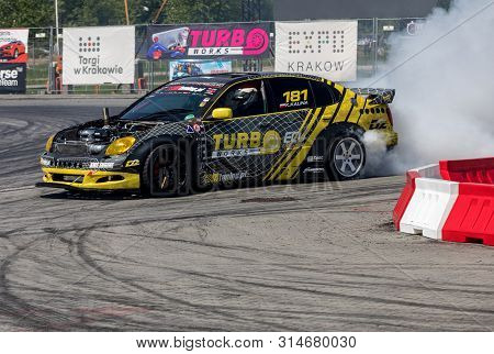 Cracow, Poland - May 18, 2019: Drift Car In Action  At 5th Edition Of Moto Show In Cracow. Poland.