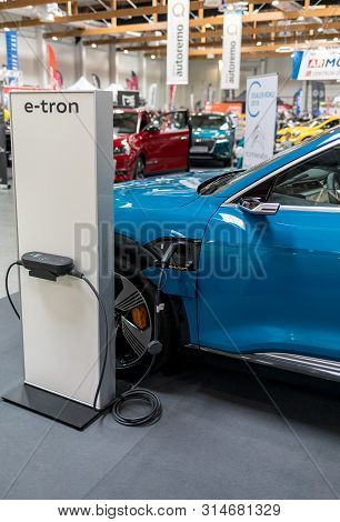 Cracow, Poland - May 18, 2019: Plug-in System Of The Audi E-tron Electric Automobile  Displayed At M