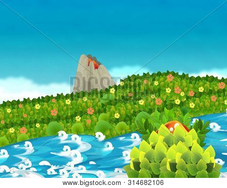Cartoon Scene With Stream Or River Near Some Jungle And Active Volcano With Nobody On The Stage - Il