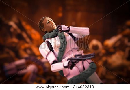 JULY 30 2019: Recreation of a scene from Star Wars A New Hope aboard the Death Star trash compactor and Dianoga monster attacking Luke Skywalker - Hasbro action figure