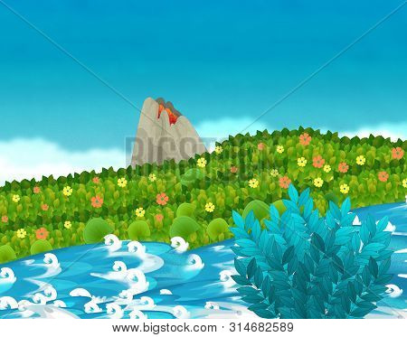 Cartoon Scene With Stream Or River Near Some Jungle And Active Volcano With Nobody On The Stage - Il