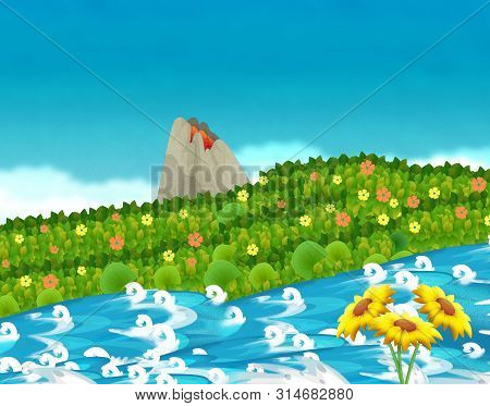 Cartoon Scene With Stream Or River Near Some Jungle And Active Volcano With Nobody On The Stage - Il