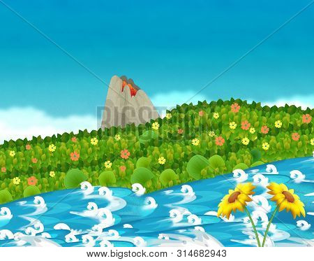 Cartoon Scene With Stream Or River Near Some Jungle And Active Volcano With Nobody On The Stage - Il