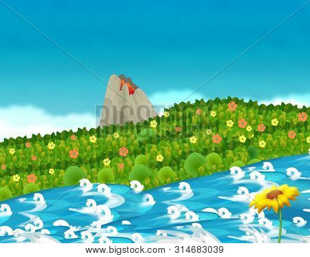 Cartoon Scene With Stream Or River Near Some Jungle And Active Volcano With Nobody On The Stage - Il