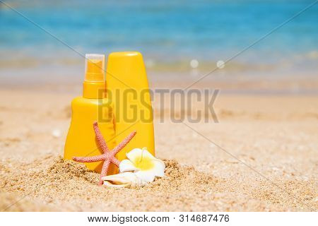 Sunblock On The Beach. Sun Protection. Selective Focus.
