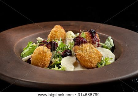 Tasty Homemade Cheese Donuts Jam, Poured With Pear And Salad.