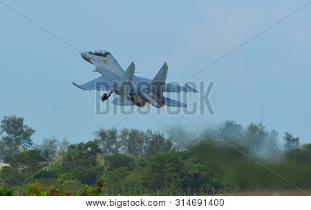 Langkawi, Malaysia - Mar 30, 2019. Royal Malaysian Air Force Sukhoi Su-30 Mkm Commencing Take-off Ru