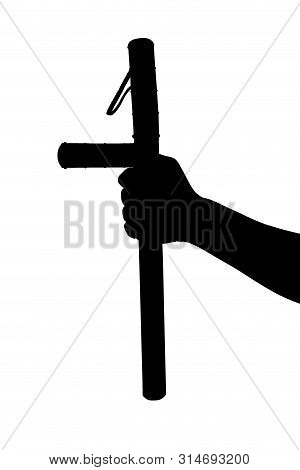A Black And White Silhouette Of Bare Hand With Rubber Police Baton Isolated On White Background