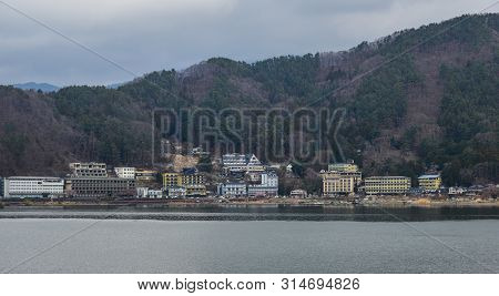 Yamanashi, Japan - Apr 8, 2019. Beautiful Lake And Mountain In Yamanashi, Japan. Yamanashi Is Landlo