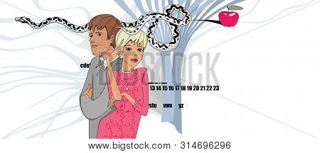 Blonde Girl, Her Beloved Man And The Serpent Tempter With The Apple Of Knowledgeand Her Neural Netwo