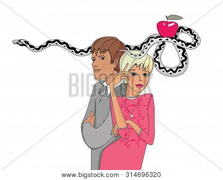 Blonde Girl, Her Beloved Man And The Serpent Tempter With The Apple Of Knowledge. Humorous Illustrat