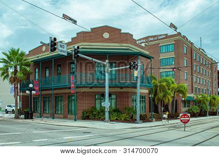 Tampa Bay, Florida. July 12, 2019  Hampton Inn And Suites Hotel On 7th Aveneu At Ybor City.
