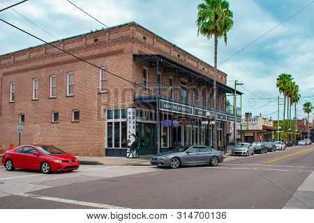 Tampa Bay, Florida. July 12, 2019  Vintage Building On 7th Aveneu At Ybor City.