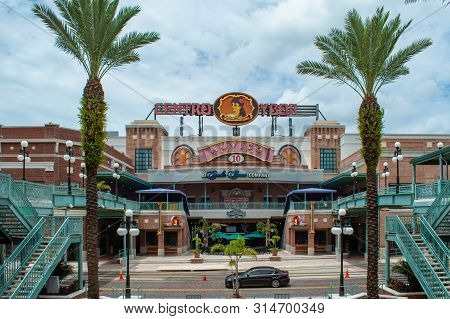 Tampa Bay, Florida. July 12, 2019 Panoramic View Of Centro Ybor Building And 8th Aveneu At Ybor City