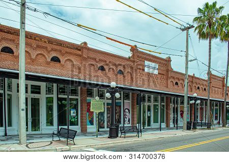 Tampa Bay, Florida. July 12, 2019 Partial View Of Historic Building In 7th Aveneu At Ybor City.