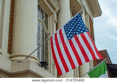 Tampa Bay, Florida. July 12, 2019 Top View Of Usa And Italy Flags On Italian Club Building At Ybor C