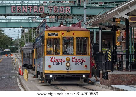 Ybor City Tampa Bay, Florida. July 12 , 2019  Centro Ybor Complex And Colorful Streetcar.  Ybor City