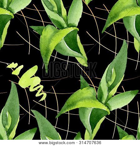 Bamboo Green Leaves. Watercolor Background Illustration Set. Seamless Background Pattern.