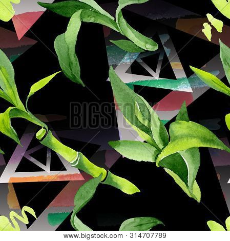 Bamboo Green Leaves. Watercolor Background Illustration Set. Seamless Background Pattern.