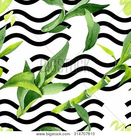 Bamboo Green Leaves. Watercolor Background Illustration Set. Seamless Background Pattern.