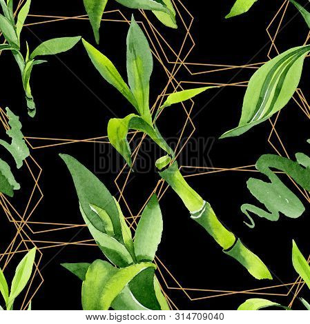 Bamboo Green Leaves. Watercolor Background Illustration Set. Seamless Background Pattern.