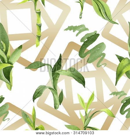 Bamboo Green Leaves. Watercolor Background Illustration Set. Seamless Background Pattern.