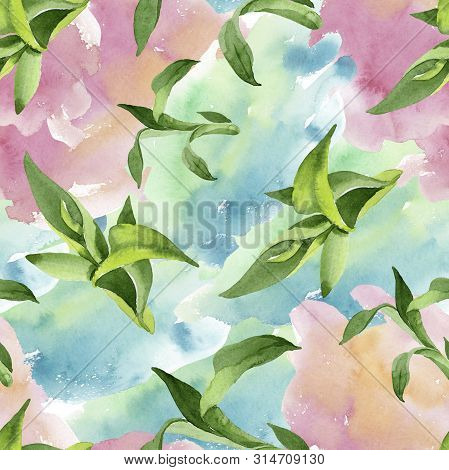 Bamboo Green Leaves. Watercolor Background Illustration Set. Seamless Background Pattern.