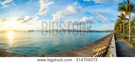 Sanya Town Evening Cityscape, View From Phoenix Island On Hainan Island In China