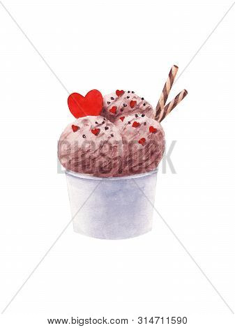 Hand Drawn Watercolor Illustration. Chocolate Ice Cream With Topping And Heart. Colorful Ice-cream I
