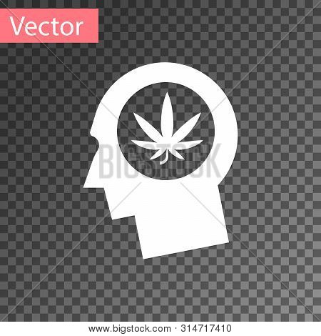 White Silhouette Of Male Head In Profile With Marijuana Or Cannabis Leaf Icon Isolated On Transparen