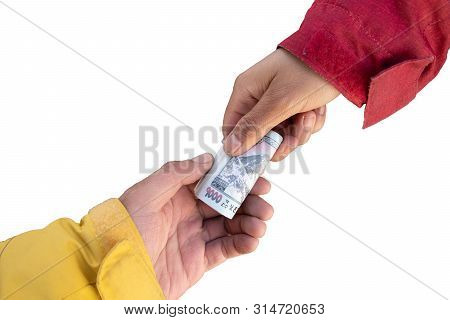 Nepali Banknote Exchange Isolated On White Background With Clipping Path.hand Taking Cash Paper Mone
