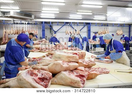 Cutting Meat In Slaughterhouse. Butcher Cutting Pork At The Meat Manufacturing.