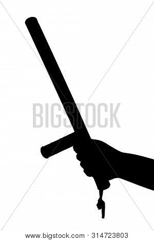 A Black And White Silhouette Of Bare Hand With Rubber Police Baton Isolated On White Background