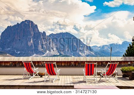 Beautiful View To Place Of Rest With Sunbeds Near Funicular Col Raiser, Captured With One Of The Dol