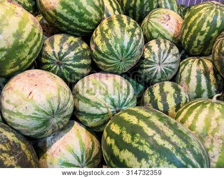 Fresh Watermelon Background In The Fruit Market.