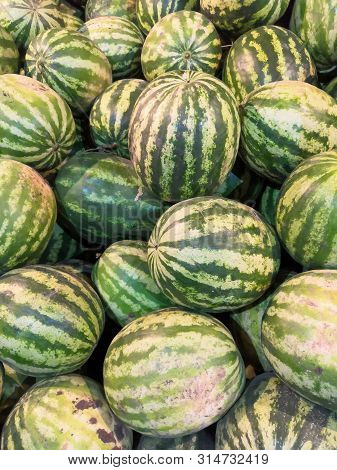 Fresh Watermelon Background In The Fruit Market.