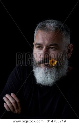 Portrait Of A Brutal Gray Haired Man With A Beard With A Sly Expression On His Face And A Yellow Flo
