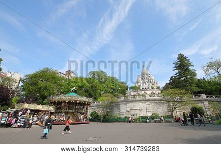 Paris France - May 24, 2019: Unidentified People Visit Willette Square Park Montmartre Paris France