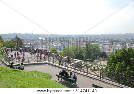 Paris France - May 24, 2019: Unidentified People Visit Willette Square Park Montmartre Paris France