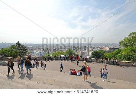 Paris France - May 24, 2019: Unidentified People Visit Willette Square Park Montmartre Paris France