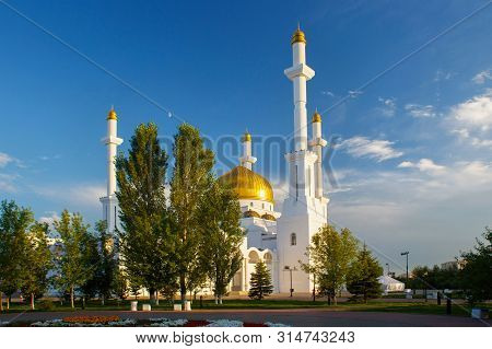 View Of The Nur-astana Mosque. Is A Mosque In Astana, Kazakhstan. It Is Third Largest Mosque In Cent