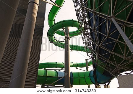 Rodby, Denmark - Jun 25, 2019: Large Water Slide At Lalandia Water Park